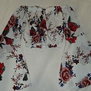 SHEIN Floral Bell Sleeve Blouse - White and Red